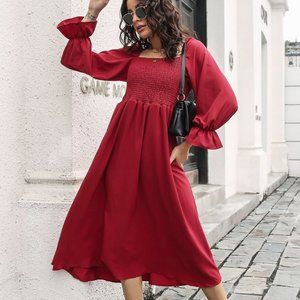 Wine Color Smocked Square Neck Midi Dress
